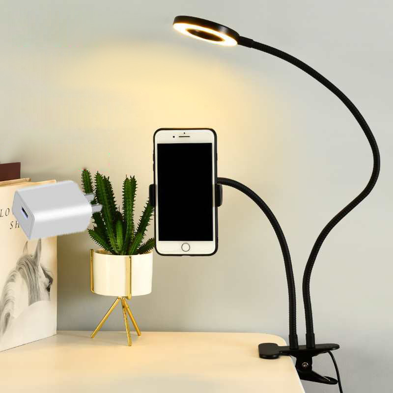 Photography Lighting Game - 自撮りリングライト付きユニバーサルフレキシブル携帯電話ホルダー、オフィス怠惰なブラケットデスクランプLEDライト、ライブストリームフィルライト用