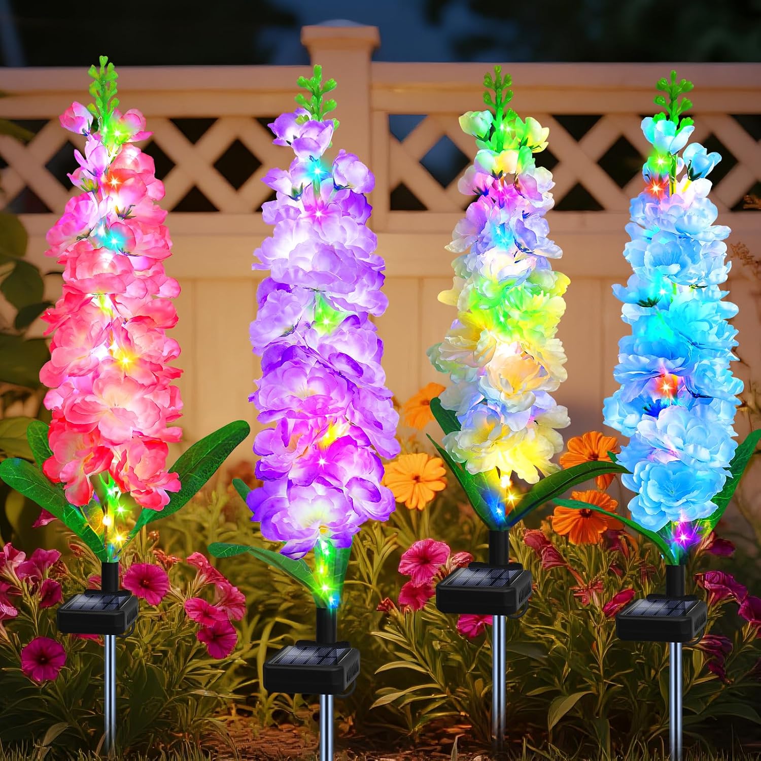 Flower Photography Led Lighting Pack - ソーラーガーデンライト、ソーラーデルフィニウムフラワーライト4パック80LED、防水屋外ライト、2つの照明モード、屋外結婚式、パーティー、庭、庭、パティオ、芝生の装飾に最適