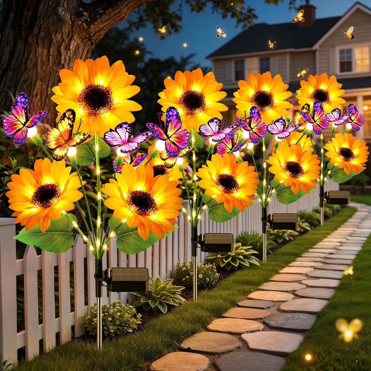 Flower Photography Led Lighting Pack - ソーラーガーデンライト屋外装飾、アップグレードされた4パックソーラーひまわりライト（蝶16個付き）、ソーラーフラワー屋外防水、庭、芝生、庭園装飾用、ひまわりギフト（お母さん、女性、おばあちゃん向け）