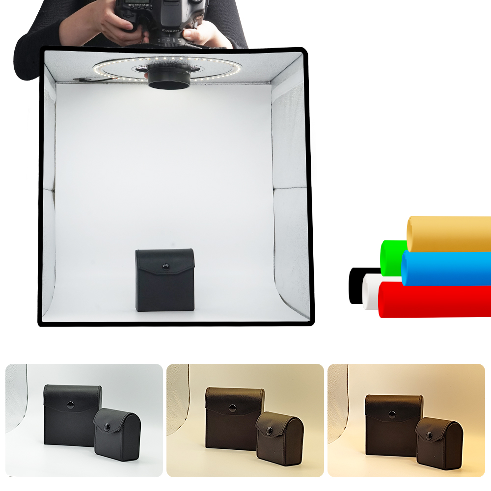 Photography Video Lighting Kit - ライトダウ調光可能フォトボックスLEDライトルームフォトスタジオライトボックスキット120個LED 6種類の背景布付き写真撮影用ポータブル折りたたみ式