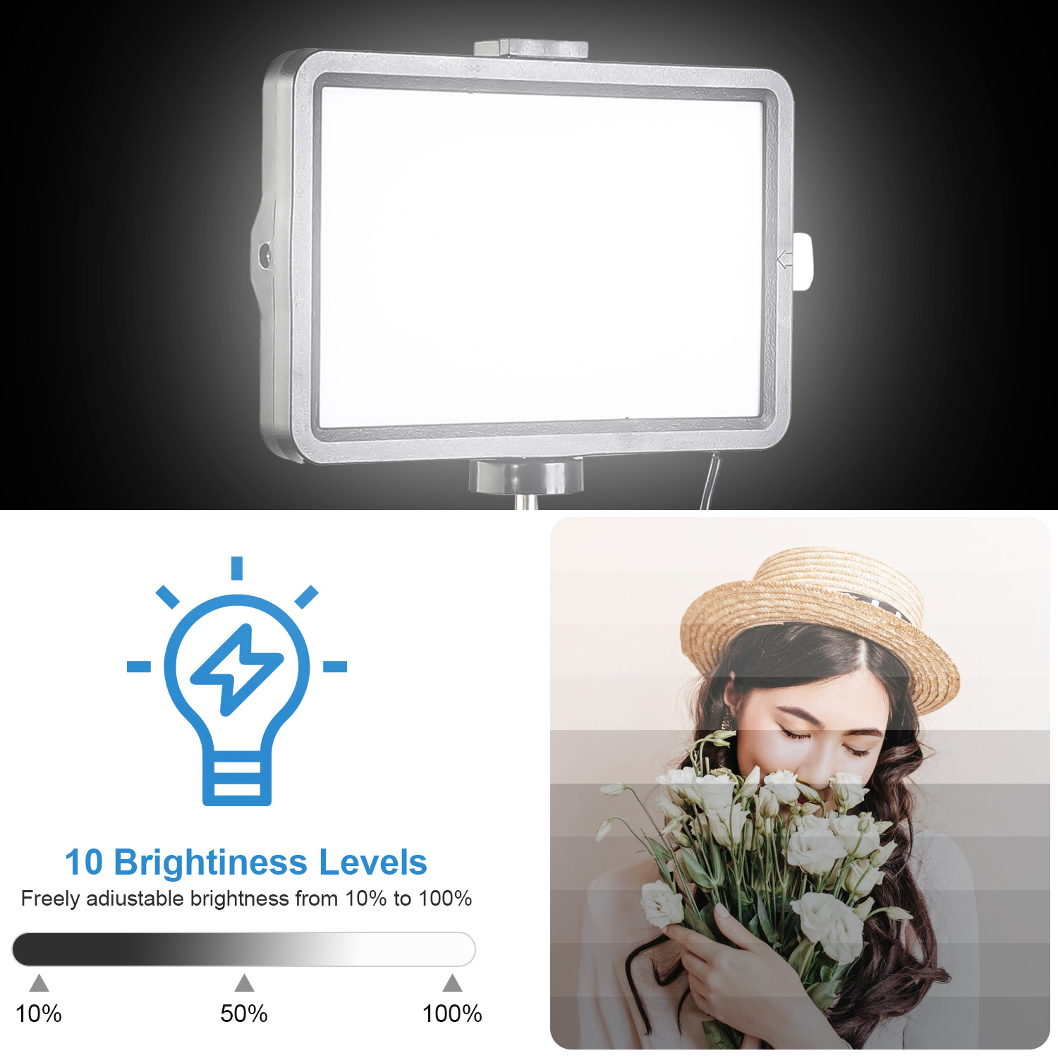 8インチ角型LEDフィルライト、43インチ調整可能なスタンド - Makeup Photography Lighting のレビューと価格